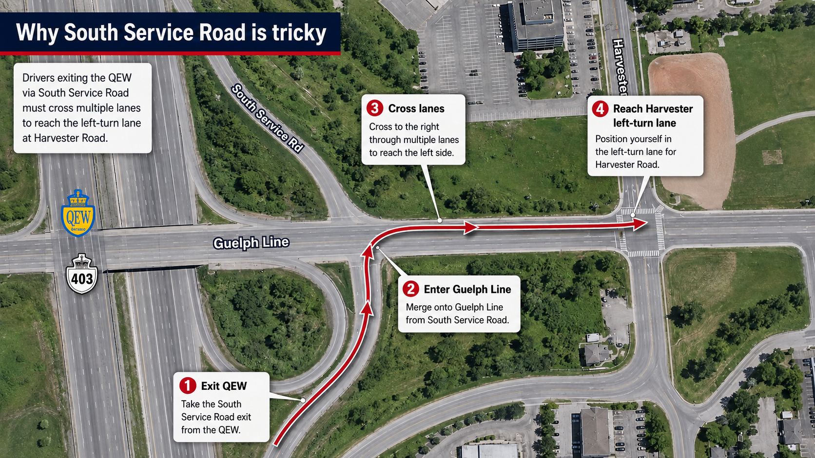 Aerial graphic showing the QEW exit to Guelph Line and the short lane movement toward Harvester Road.