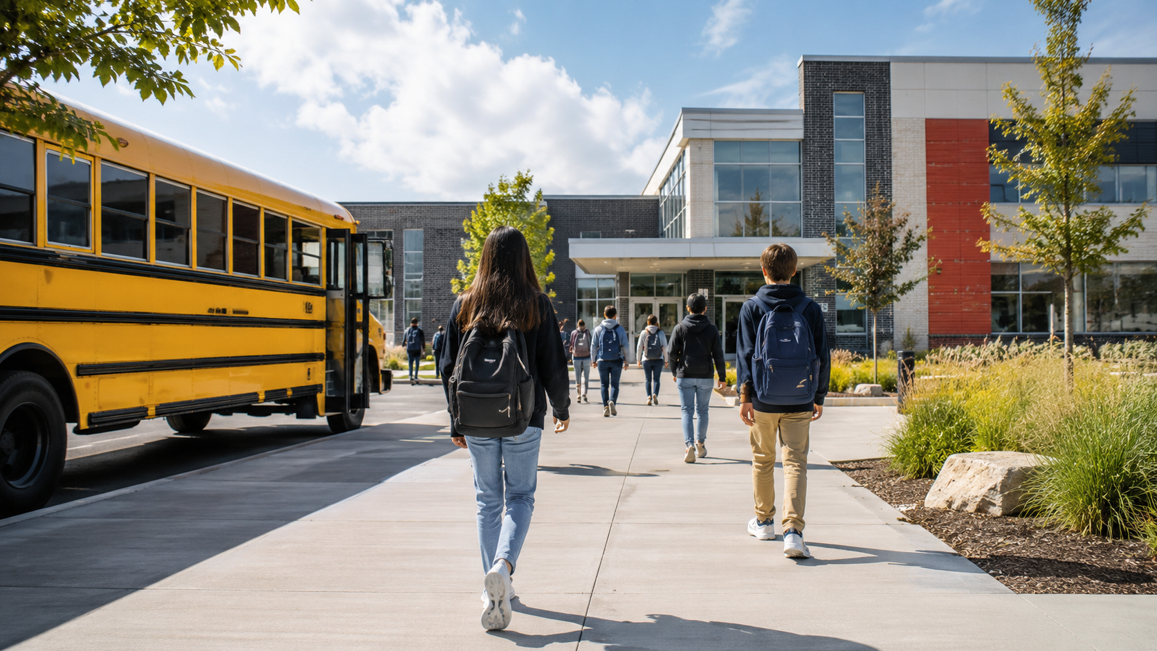 Students walking toward a school entrance beside a yellow school bus.
