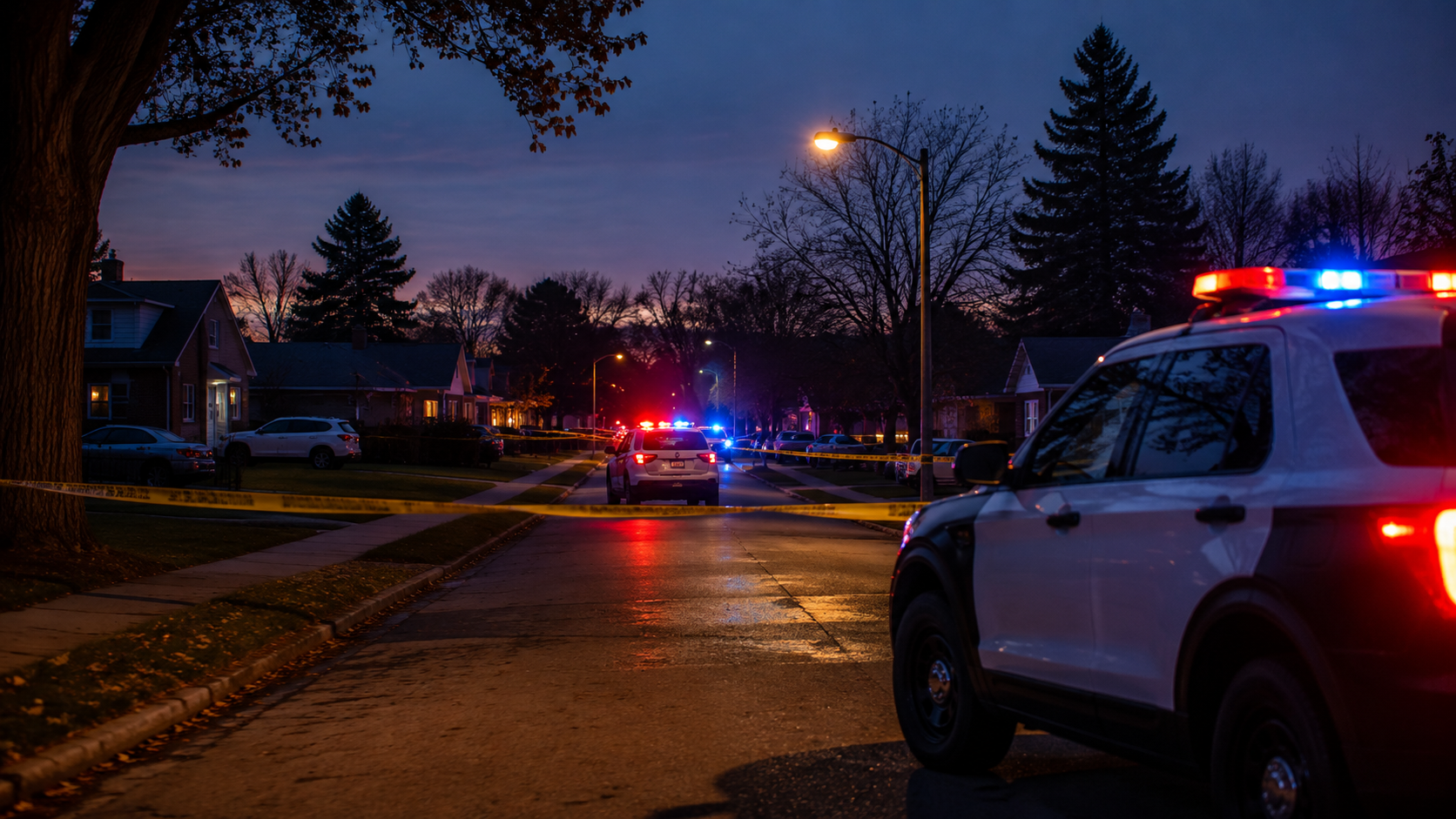Police vehicles and emergency lights at a nighttime police scene.