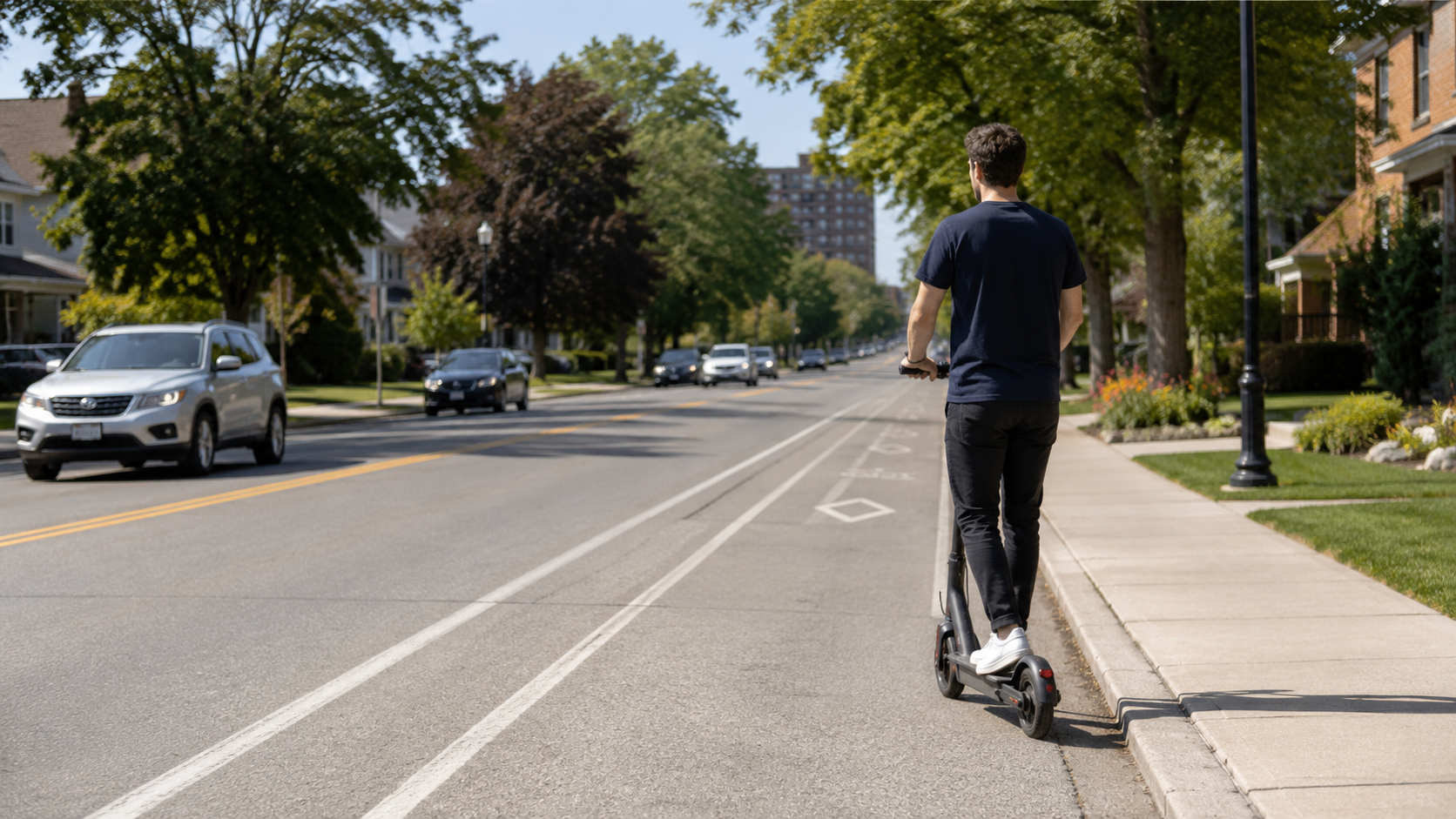 A person riding an e-scooter along the right side of a suburban street.