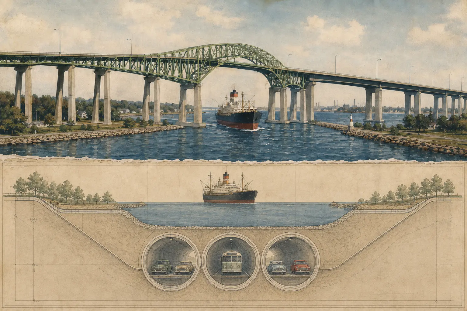 Two-part editorial reconstruction: the Burlington Skyway bridges over the ship canal above, and a separate engineering cross-section of the unbuilt three-tunnel alternative below
