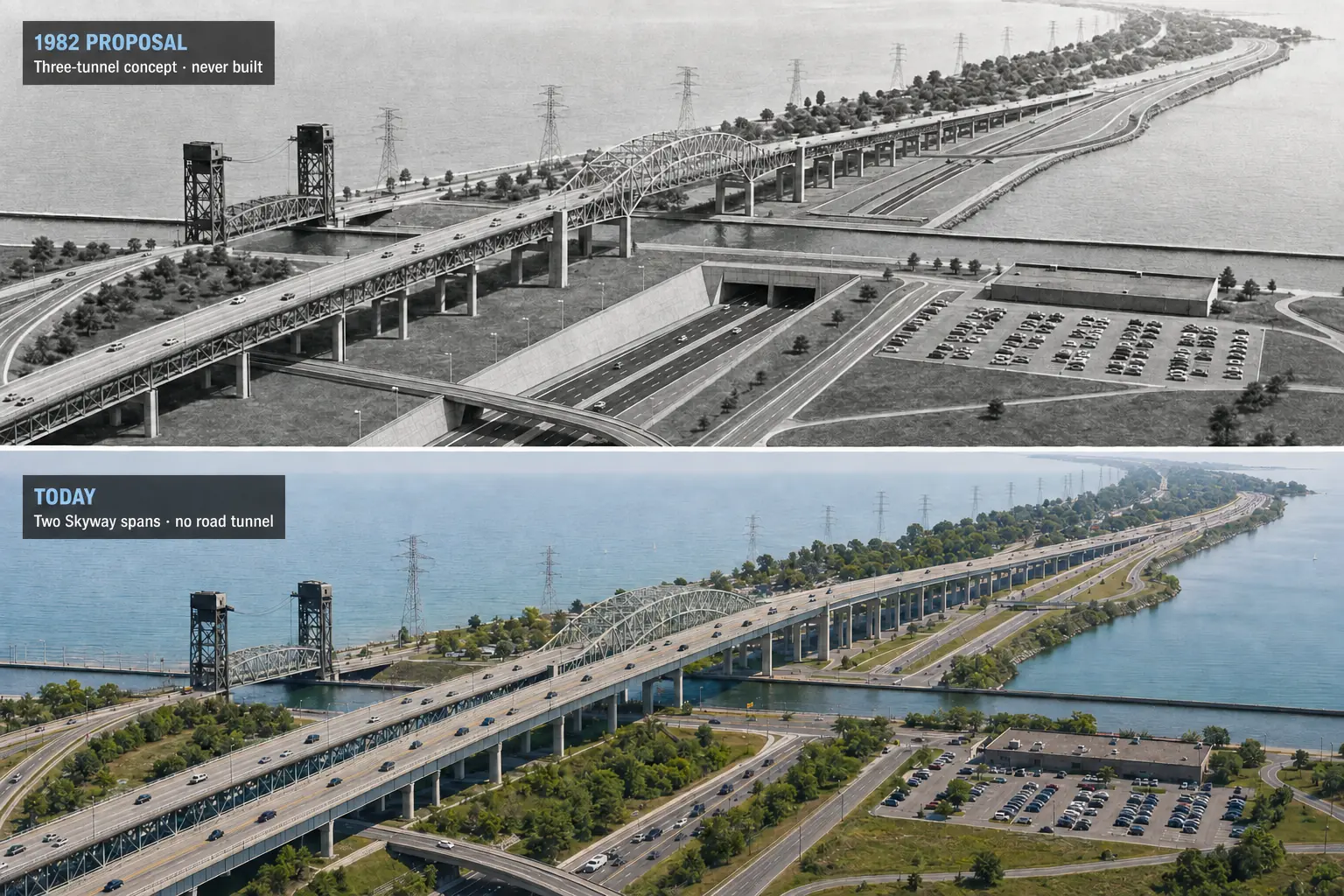 Two-panel labelled editorial reconstruction comparing the never-built 1982 Burlington Skyway tunnel concept with today’s twin Skyway spans from the same approximate aerial angle