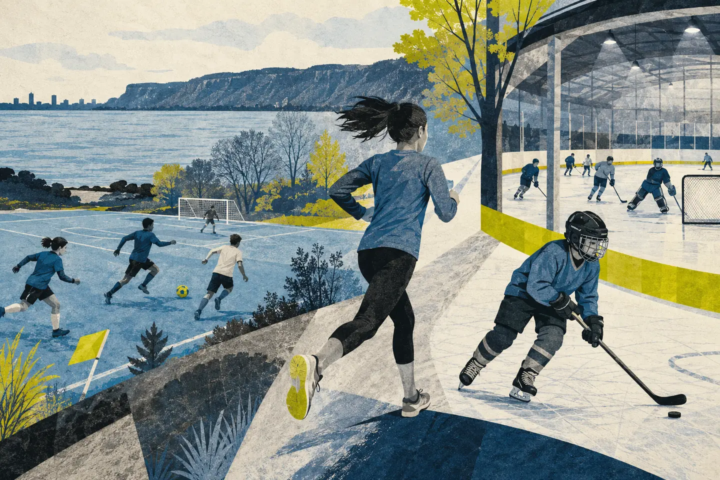 Editorial illustration of soccer, running and ice sports around Burlington