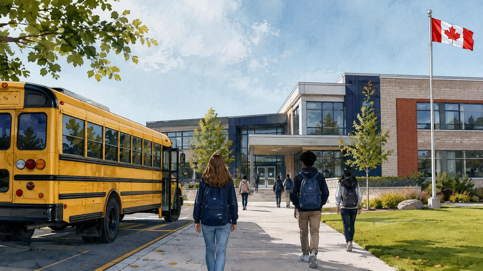 Illustration of students arriving at an Ontario secondary school by yellow school bus