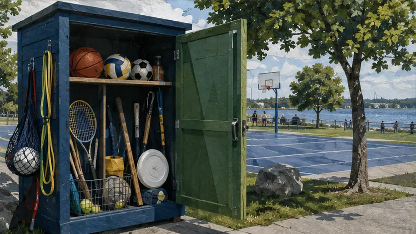 Editorial illustration of a free sports-equipment locker