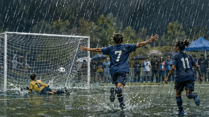 Editorial illustration of a youth soccer final in heavy rain