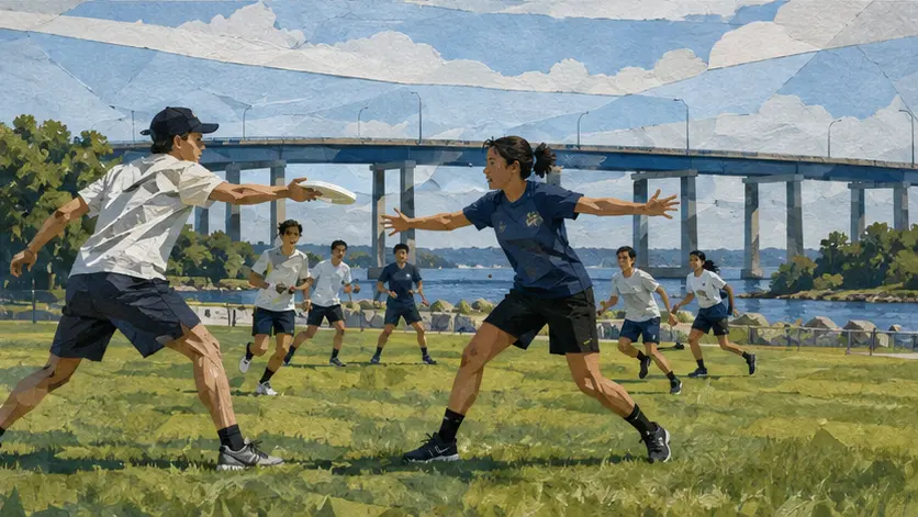 Editorial illustration of a waterfront field sport near the Skyway