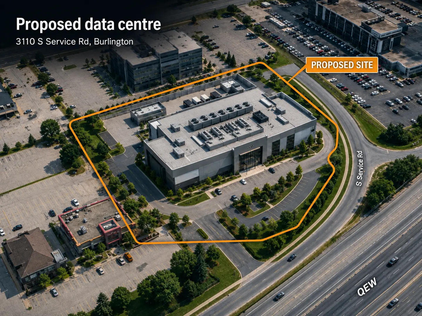 Illustrative site concept for the proposed data centre at 3110 South Service Road, Burlington. This is not a rendering of the final building.
