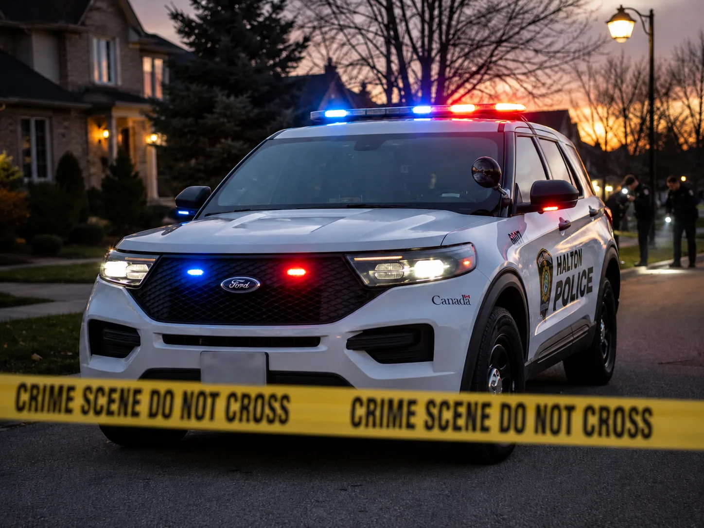 Halton Regional Police vehicle behind crime-scene tape.